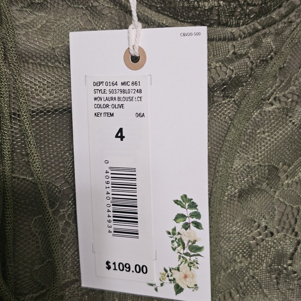 Chelsea&Violet Womens Top Size 4 Olive Green Sweetheart Lace Long Sleeve New 265 - Picture 5 of 9